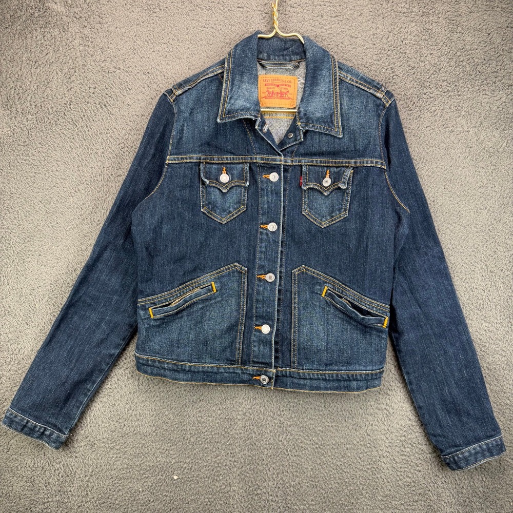 Levis Womens Denim Trucker Jacket Dark Wash Blue Cotton Button Up 11907